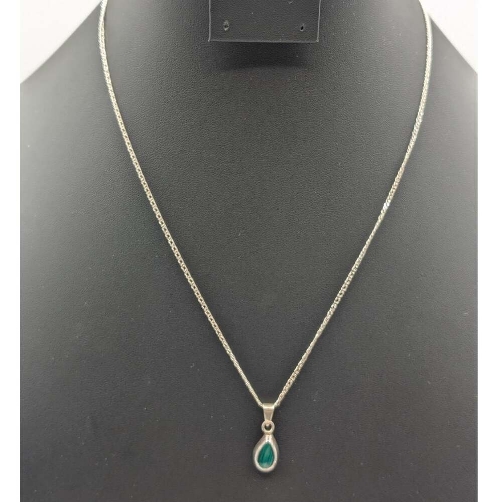 Vintage 925 Sterling Silver Malachite Teardrop Pendant 20" Chain Necklace